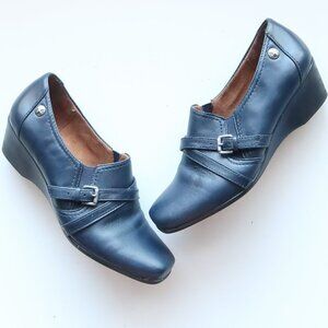 Naturalizer Navy Blue Leather Square Toe Low Wedge Heel Slip-on Shoes Size 7